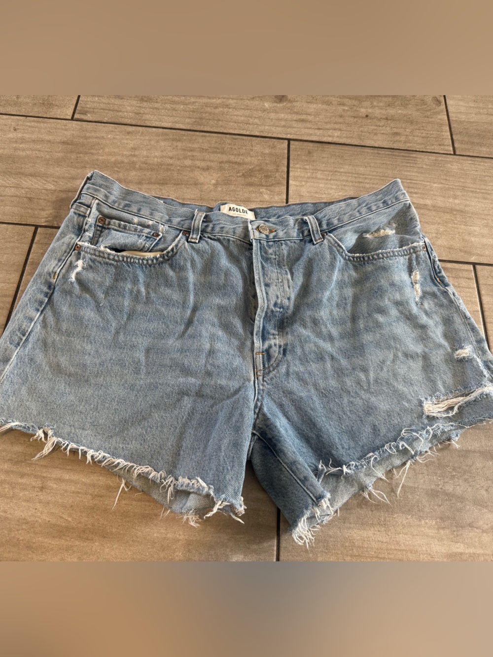 AGOLDE Parker LONG Cut Off Denim Shorts Blue Size 33 Distressed